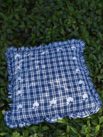Ikat blue check cushion- four side flower
