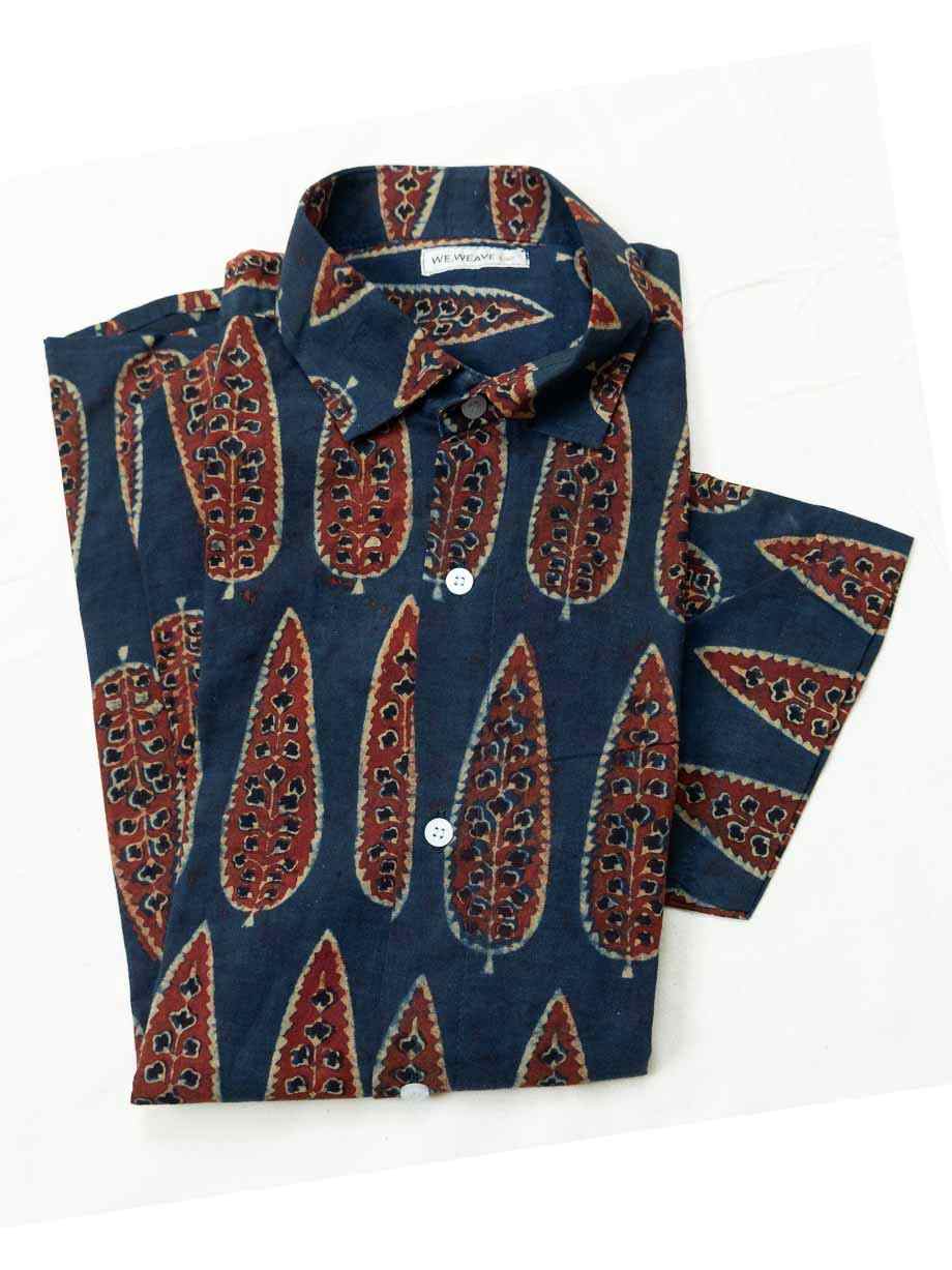 Ajrak navy blue maroon leaf